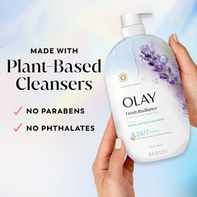 Olay Fresh Radiance Body Wash with floral background