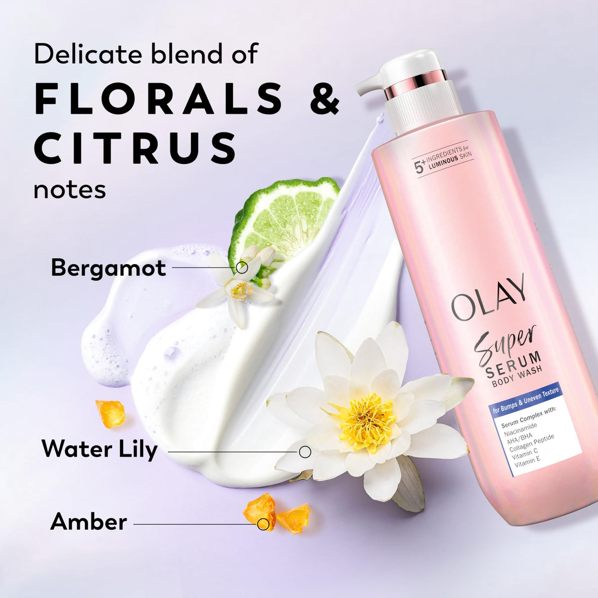 Olay Super Serum Body Wash with floral background