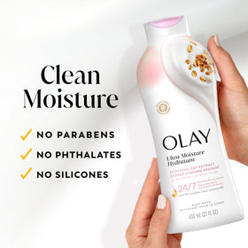Olay Ultra Moisture Body Wash 22 fl oz on a shower shelf