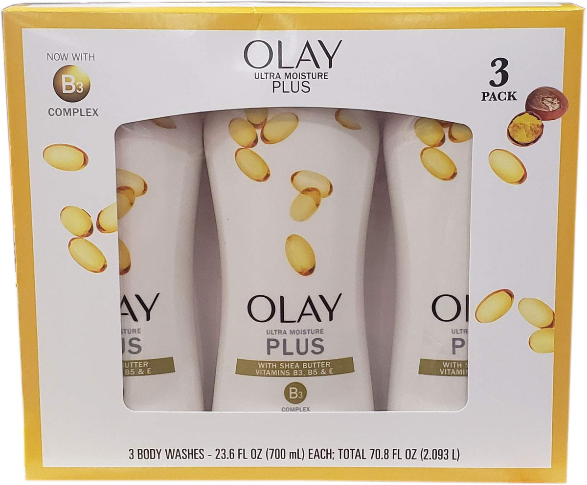 Olay Ultra Moisture Plus Body Wash 3 x 23.6 Fl Oz bottles front view