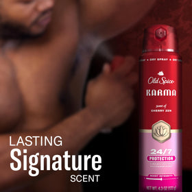 Old Spice Antiperspirant Spray Karma Cherry Spice with cherry spice background