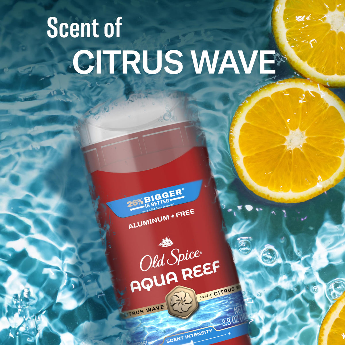 Old Spice Aqua Reef Deodorant 3-Pack displayed on a countertop