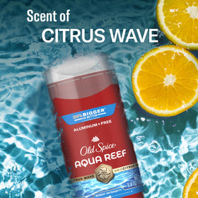 Old Spice Aqua Reef Deodorant 3-Pack displayed on a countertop