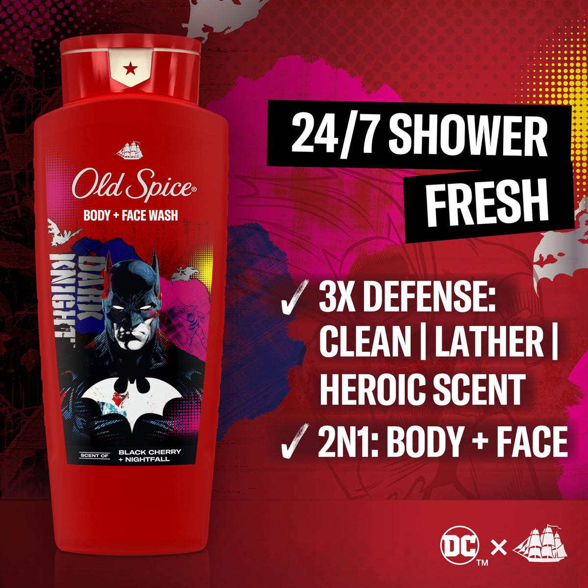 Old Spice Batman Body Wash back view with ingredients