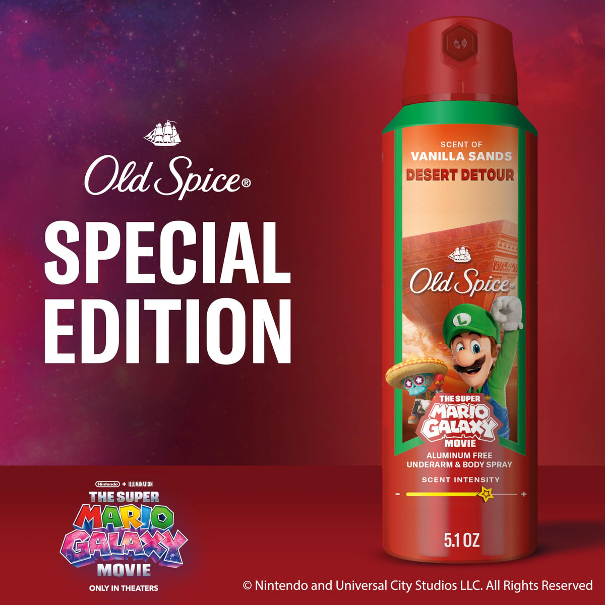 Old Spice Body Spray 5.1 oz on a table with Super Mario figurines