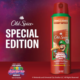 Old Spice Body Spray 5.1 oz on a table with Super Mario figurines