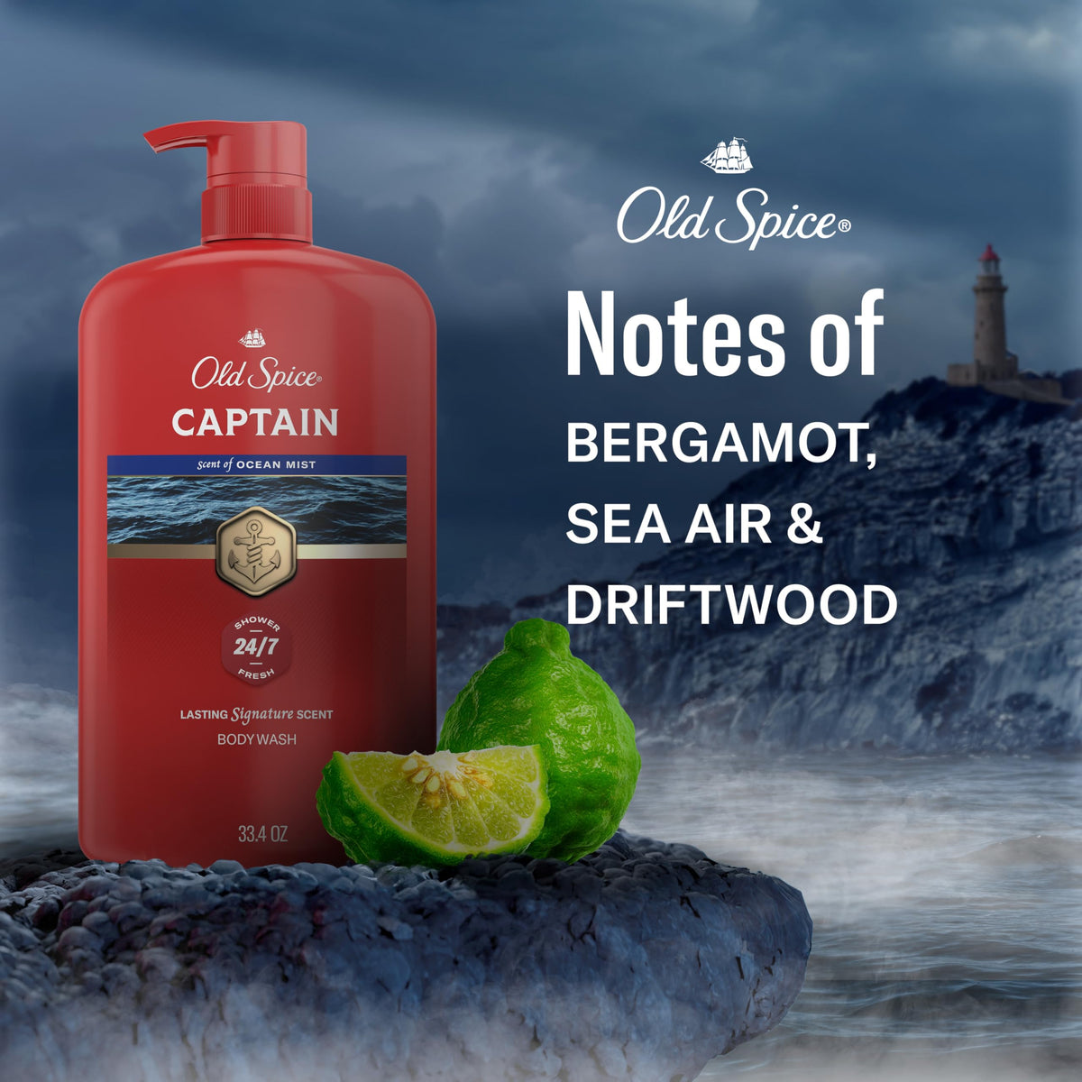 Old Spice Body Wash 33.4 oz Captain with Bergamot Scent on bathroom shelf