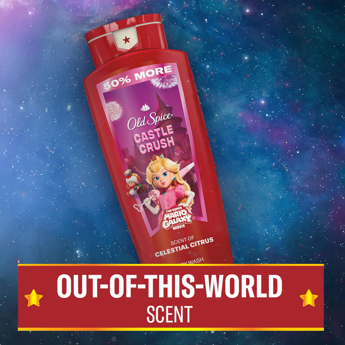 Old Spice Body Wash bottle next to Super Mario Galaxy merchandise