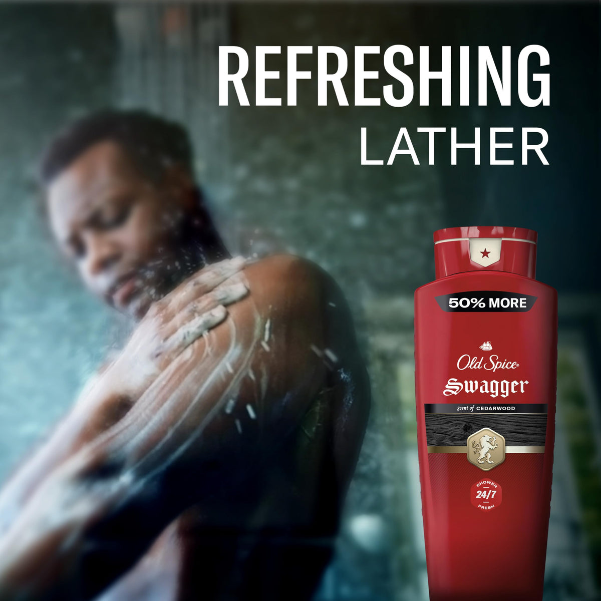 Old Spice Body Wash Swagger 24oz with a refreshing shower scene