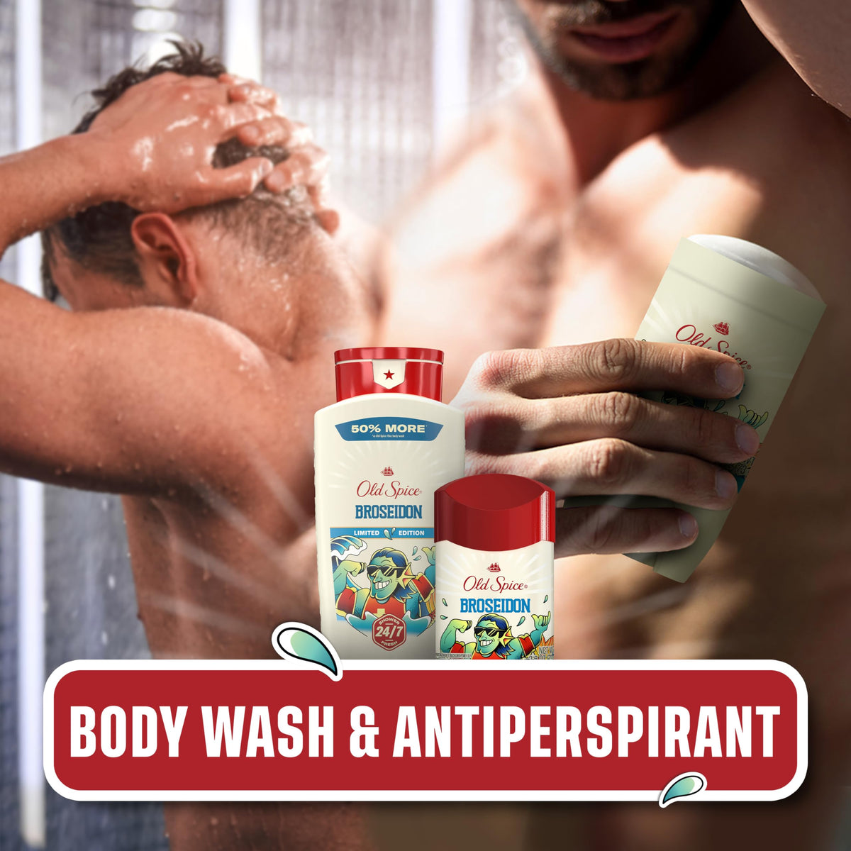 Old Spice Broseidon body wash next to ocean waves