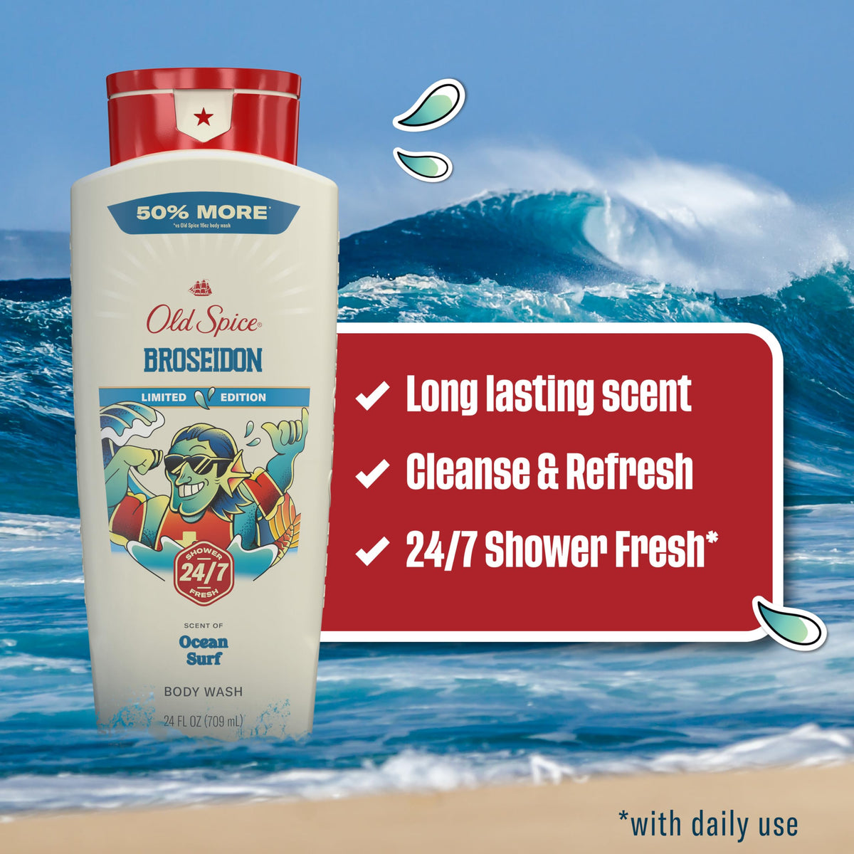 Old Spice Broseidon body wash packaging with Ocean Surf scent