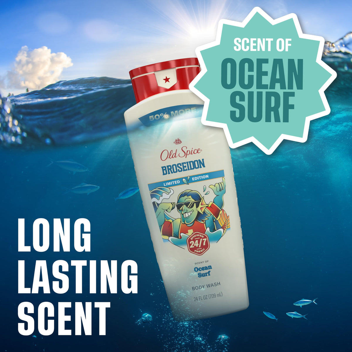 Old Spice Broseidon body wash with summer-themed background