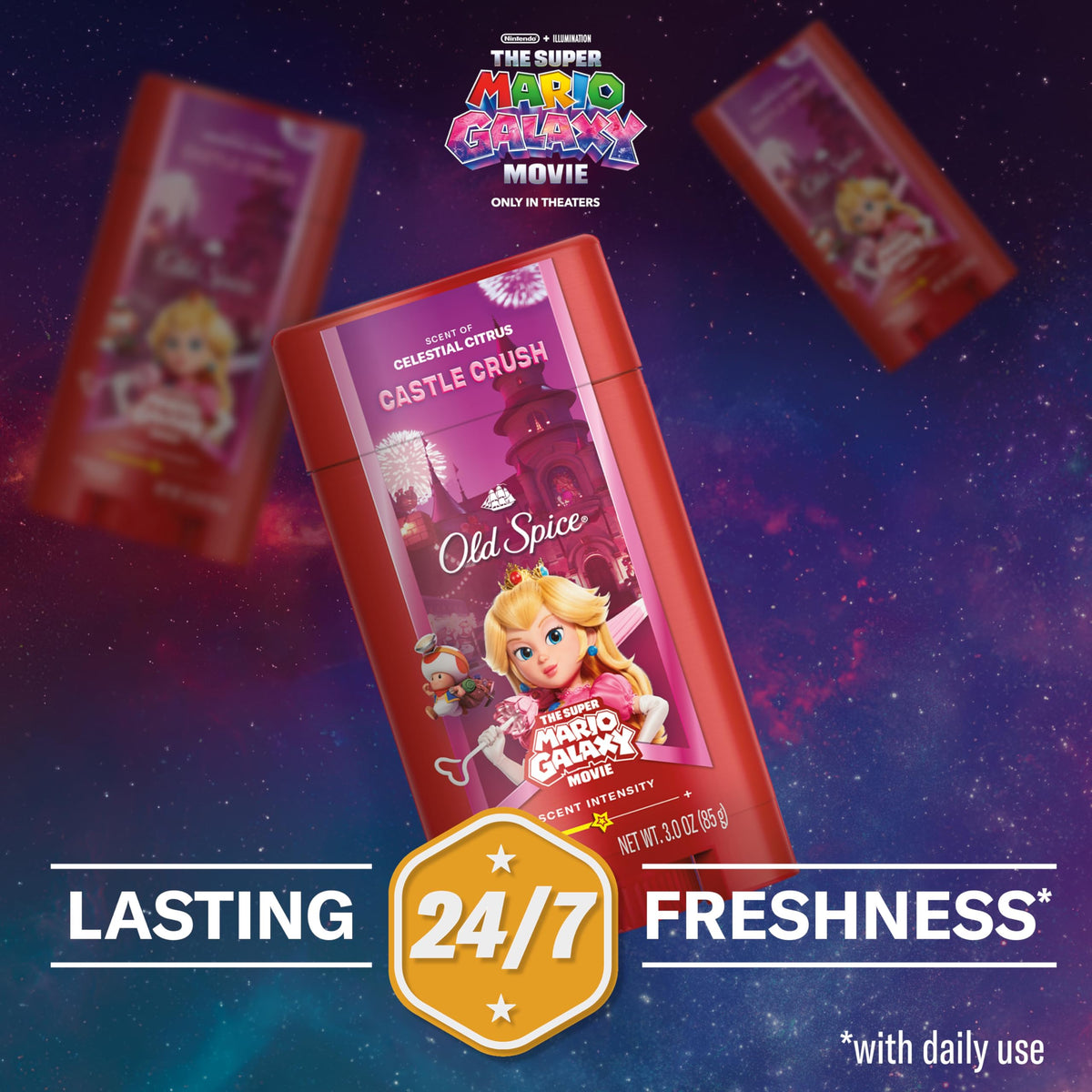 Old Spice Castle Crush Deodorant displayed with Super Mario Galaxy theme