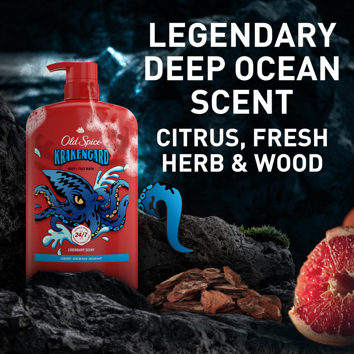 Old Spice Cleansing Body Wash 2-in-1 Krakengard in shower setting
