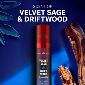Old Spice Cologne Mist Velvet Sage + Driftwood on a bathroom shelf