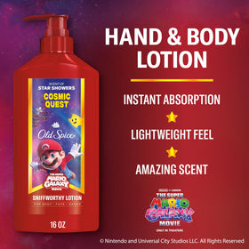 Old Spice Cosmic Quest lotion packaging with Super Mario Galaxy design