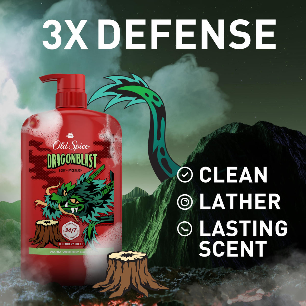 Old Spice Dragonblast Body Wash back view with ingredients
