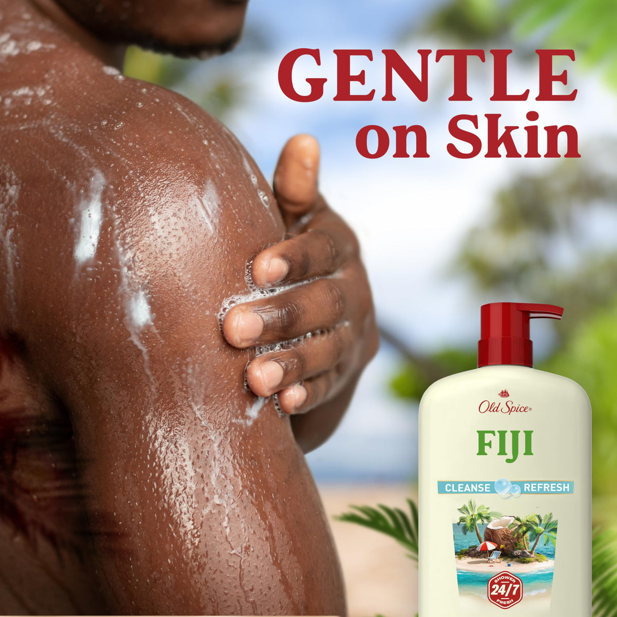 Old Spice Fiji Body Wash 25 oz with palm tree and coconut imagery