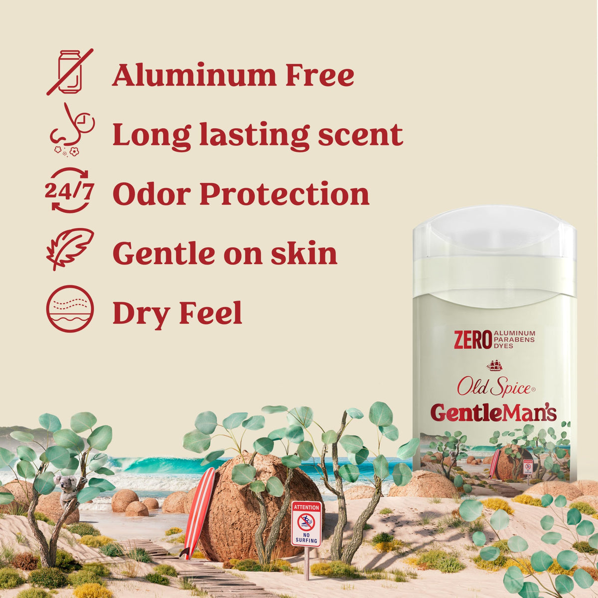 Old Spice GentleMan's Blend Deodorant stick side view showing Eucalyptus scent