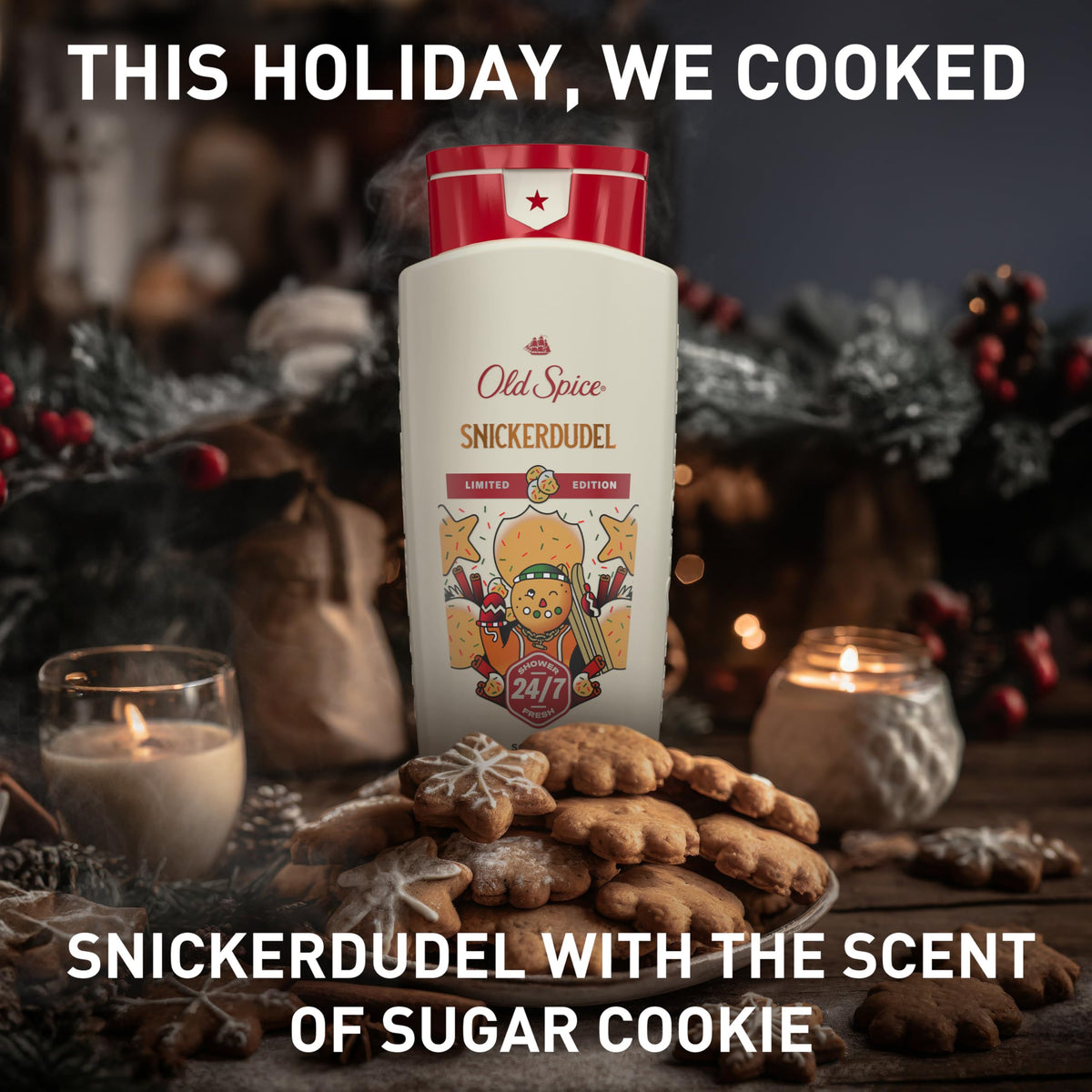 Old Spice Holidudes Body Wash Snickerdudel 16 oz in festive setting