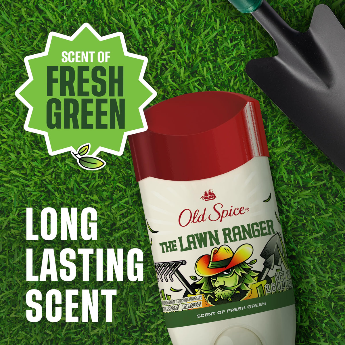 Old Spice Lawn Ranger antiperspirant with fresh grass background