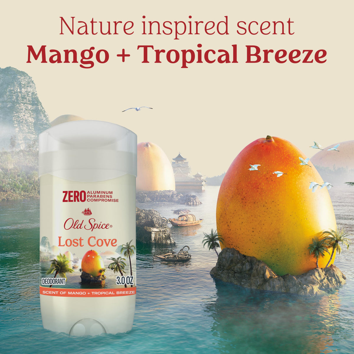 Old Spice Lost Cove Deodorant with tropical scenery background