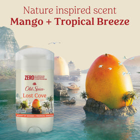 Old Spice Lost Cove Deodorant with tropical scenery background
