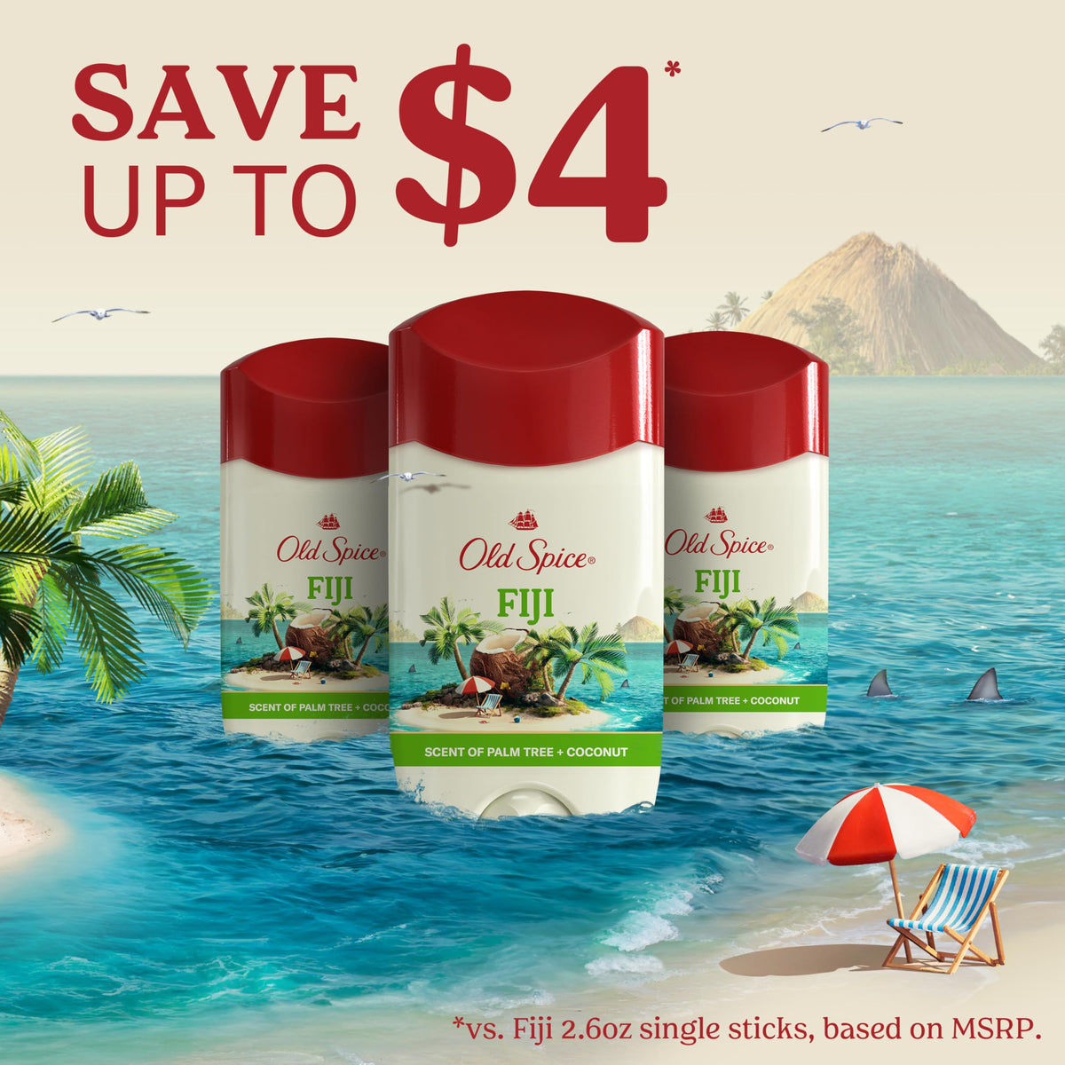 Old Spice Men's Antiperspirant packaging with scenic Fiji background