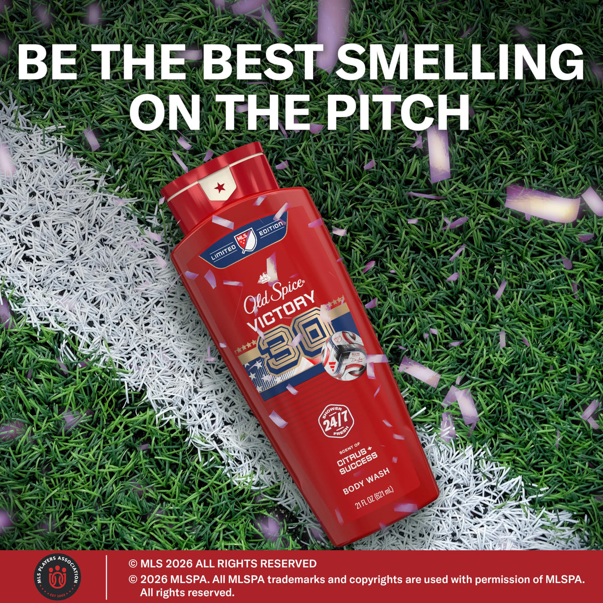 Old Spice MLS Victory Body Wash on bathroom shelf