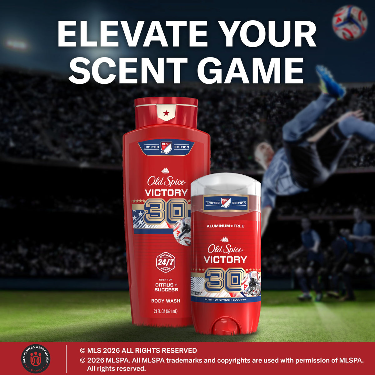 Old Spice MLS Victory Body Wash with football gear