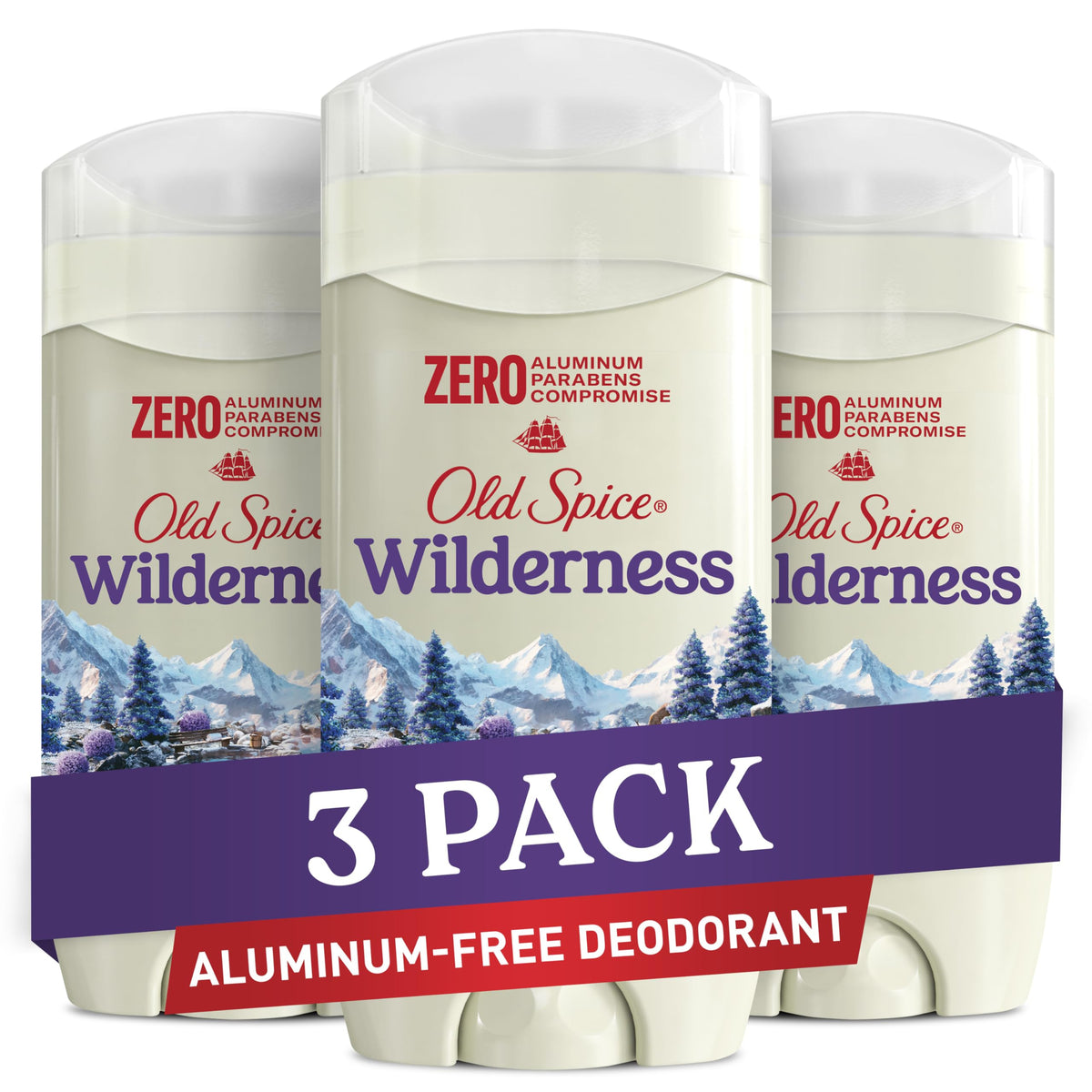 Old Spice Wilderness Deodorant 3-pack front view with lavender and mint scent