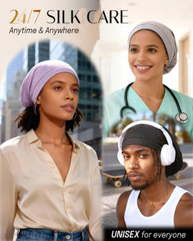 OLESILK silk bonnet lifestyle image with a woman