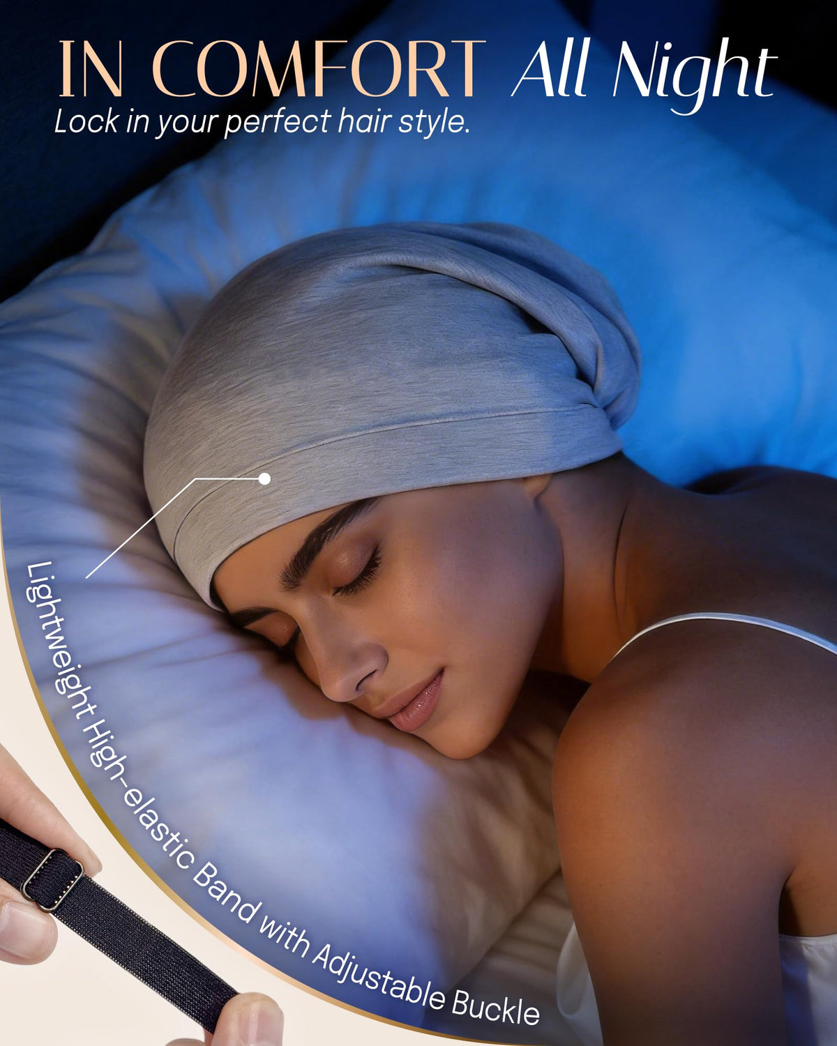 OLESILK silk bonnet on a pillow demonstrating overnight use