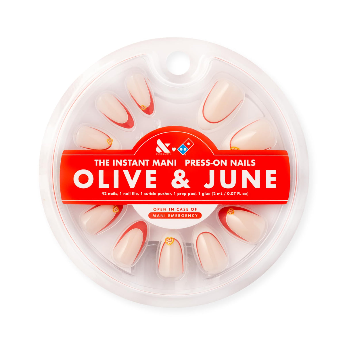 Olive & June I Heart Pizza French press-on nails with packaging