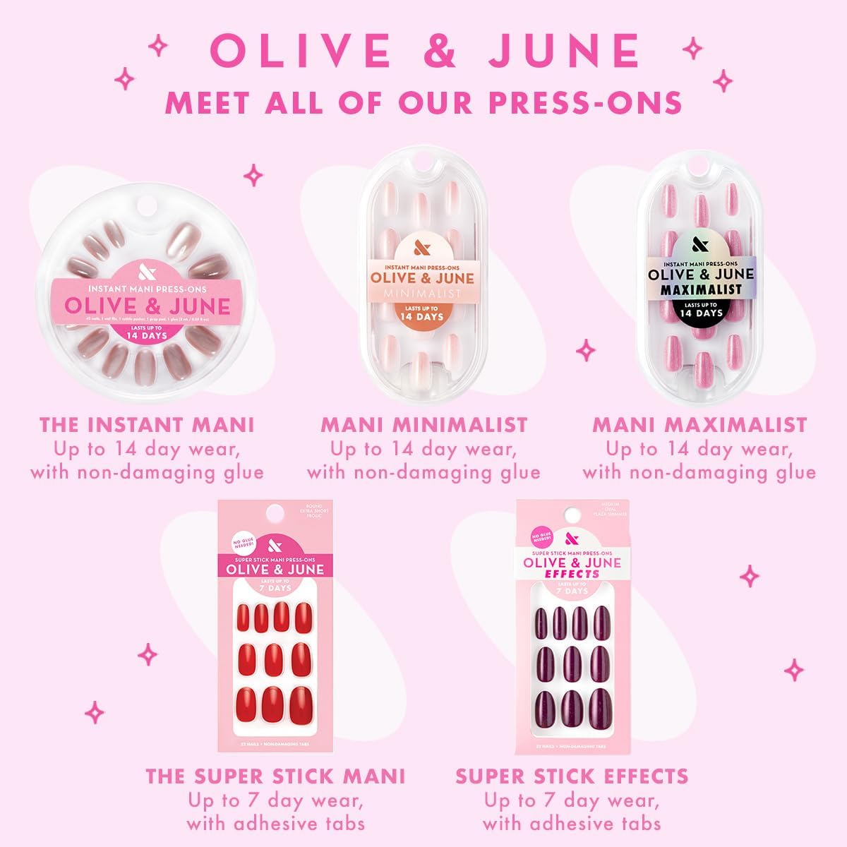 Olive & June Instant Mani Press-On Nails in assorted colours and designs