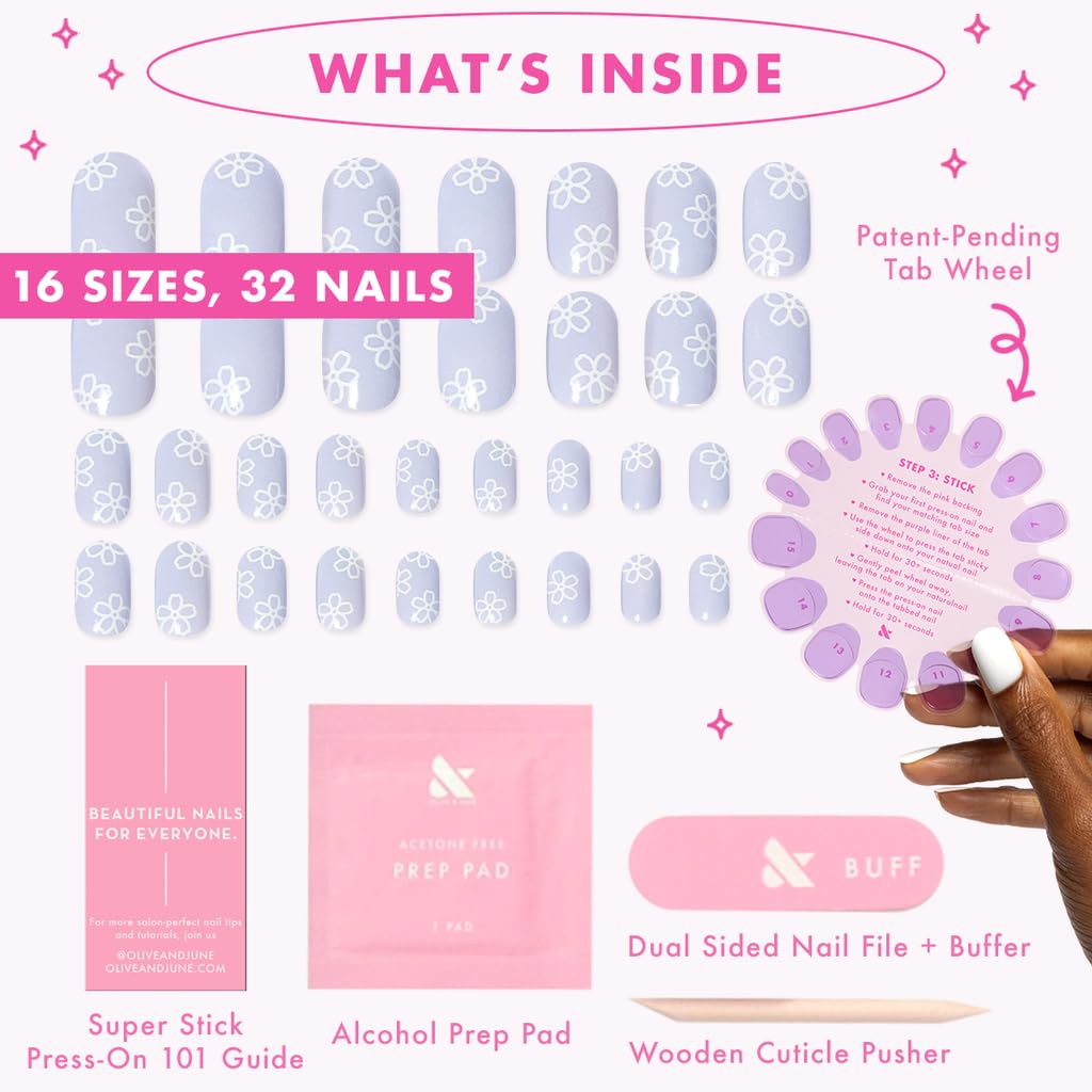 Olive & June Super Stick Press-On Nails Floral Doodle showing various sizes