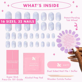 Olive & June Super Stick Press-On Nails Floral Doodle showing various sizes