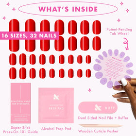 Olive & June Super Stick Press-On Nails Lollipop Cherry Red file and buffer