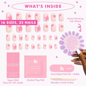 Olive & June Super Stick Press-On Nails Pink Star Party showing various sizes
