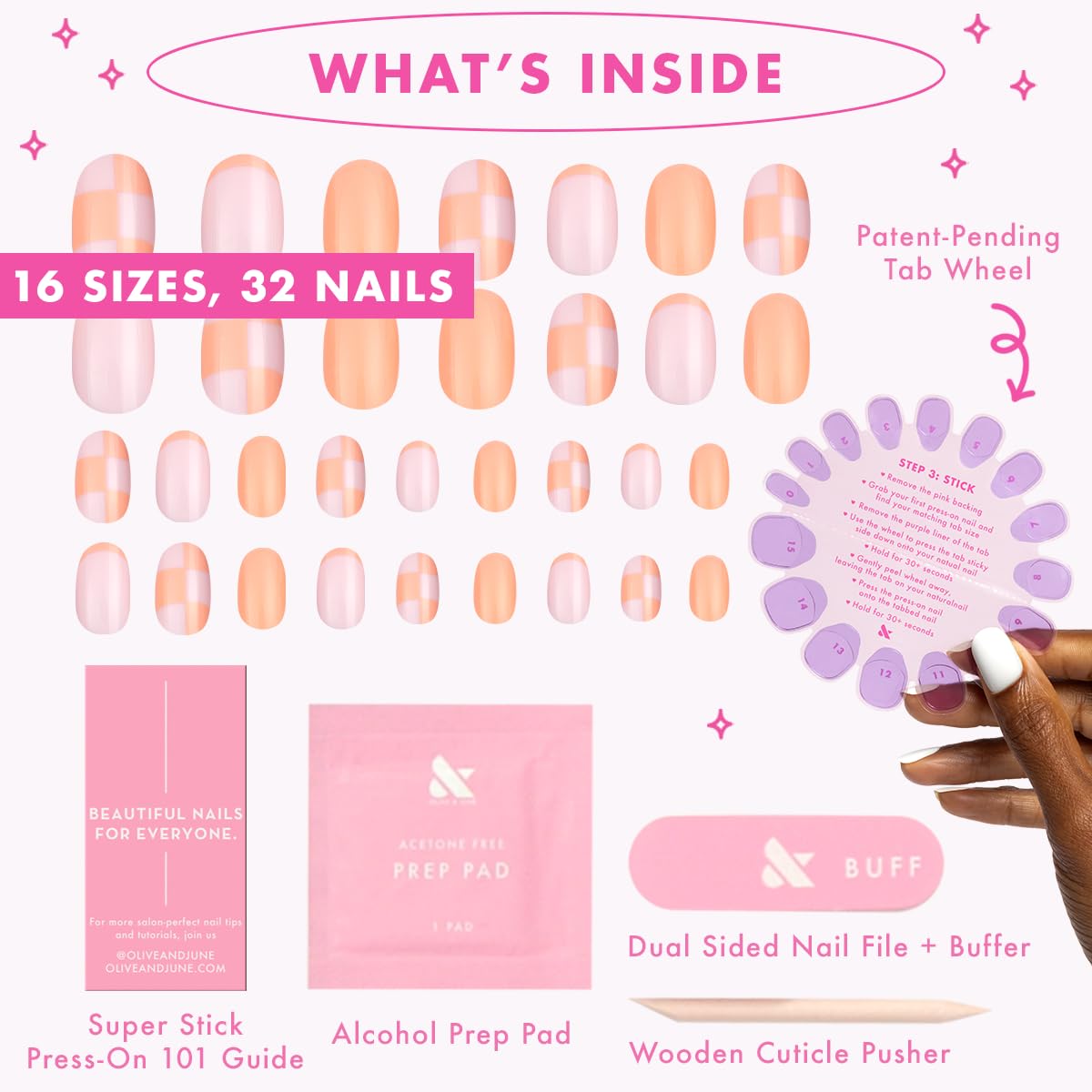 Olive & June Super Stick Press-On Nails Sherbert Checker Party showing adhesive tabs