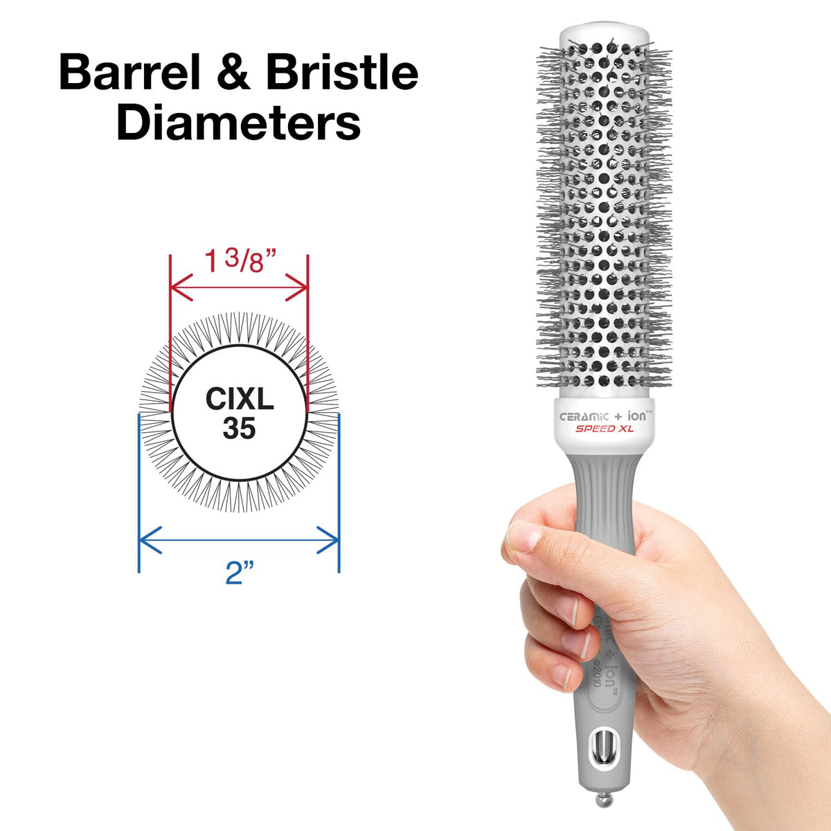 Olivia Garden Round Hair Brush showing 1 3/8 inch barrel
