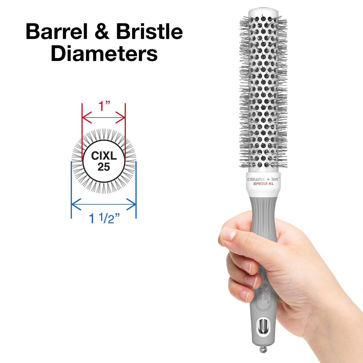Olivia Garden Thermal Hair Brush showing barrel size and bristles