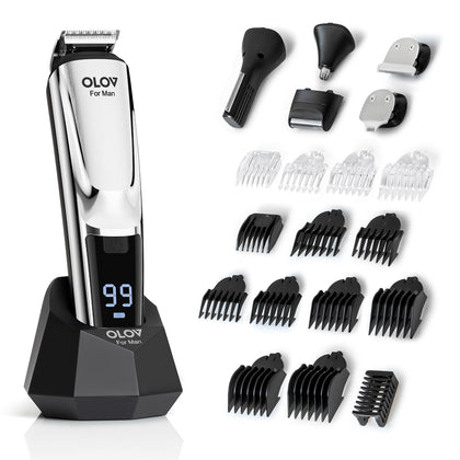 OLOV For Man Beard Trimmer 21 Piece Grooming Kit front view, silver