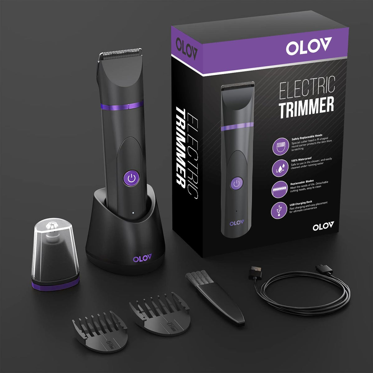 OLOV trimmer displayed with packaging and accessories