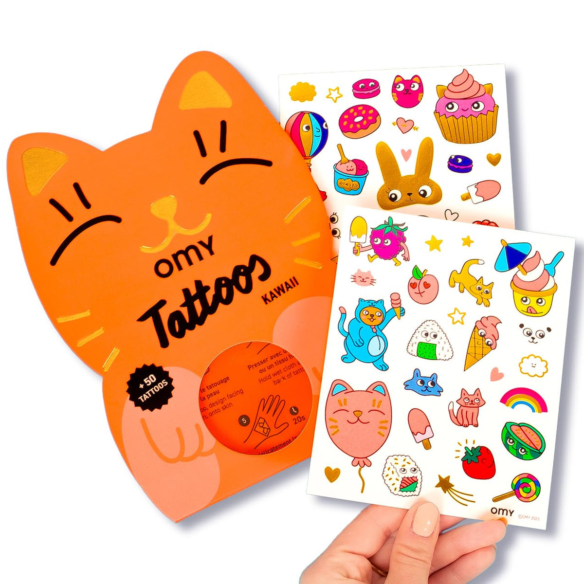 Omy Kawaii Temporary Tattoos pack featuring 50 colourful designs