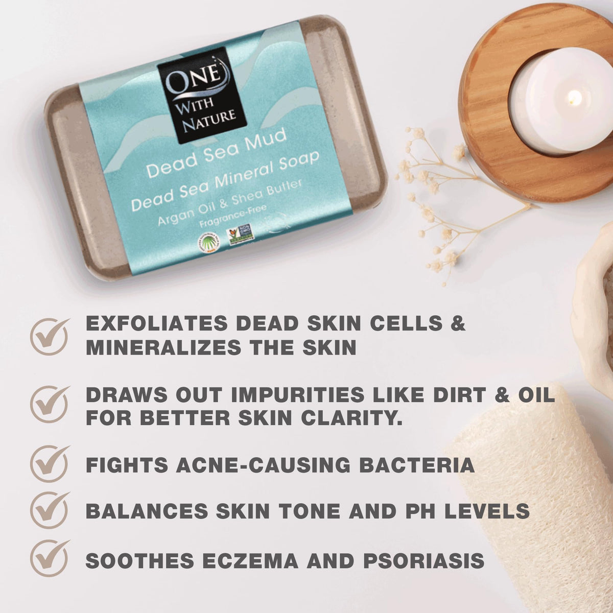 One With Nature Dead Sea Mud Soap with ingredients displayed