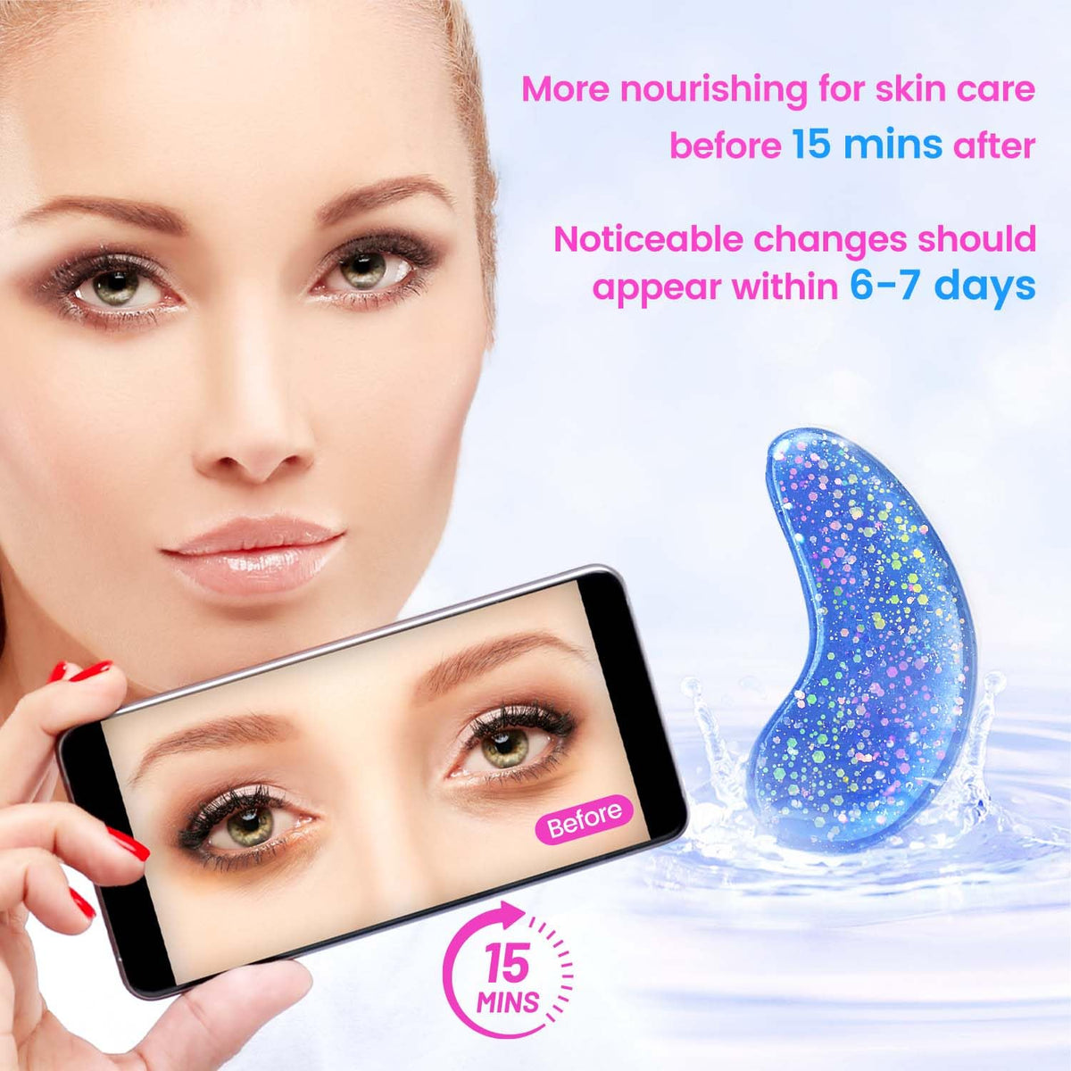 Onespring Eye Masks on a bathroom counter with other skincare products