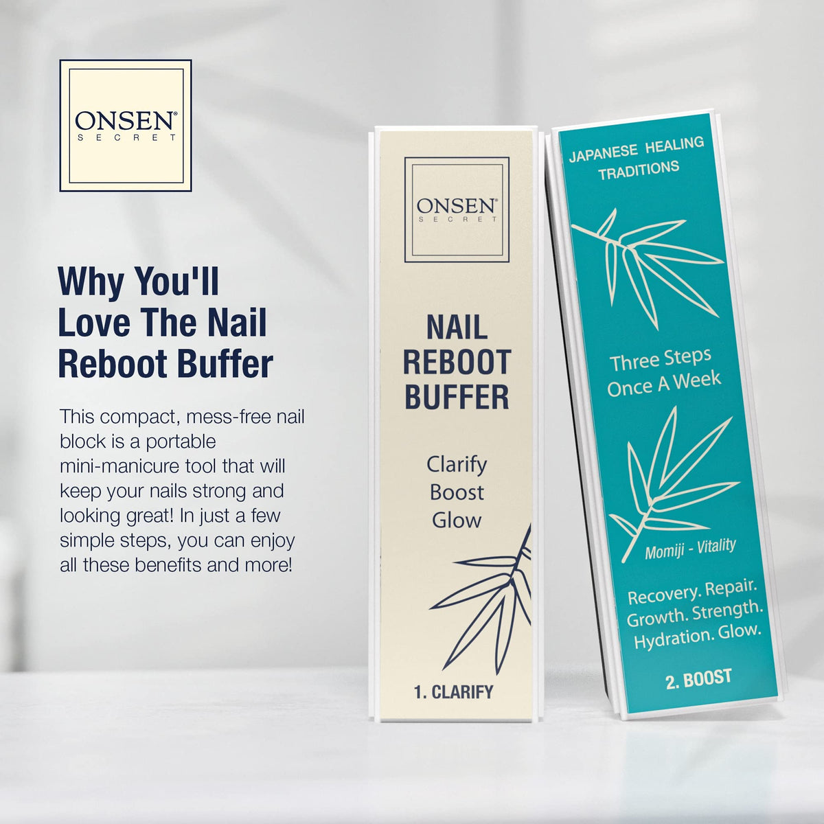 ONSEN Nail File Buffer Sparkle-KIT displayed on a wooden table