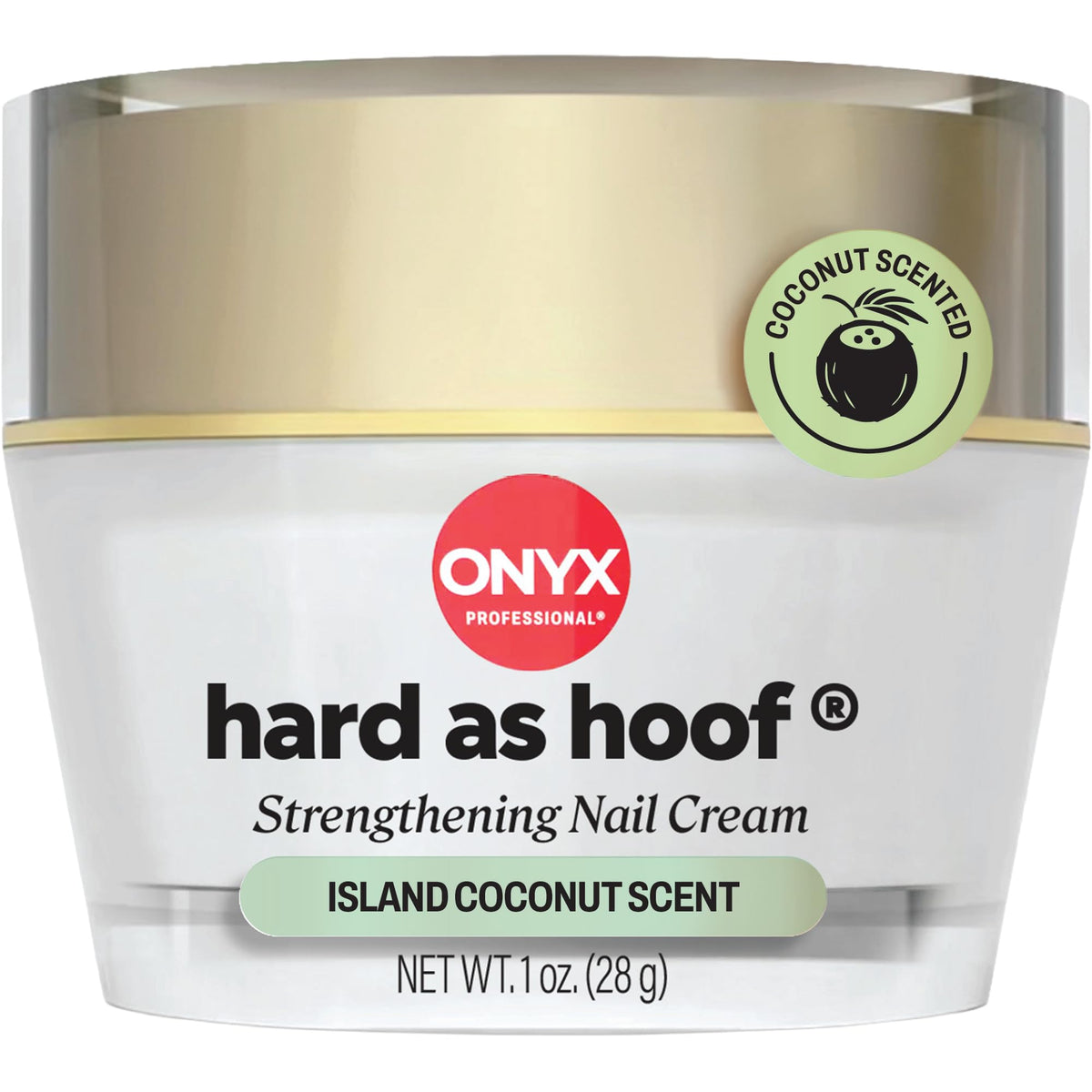 Onyx Professional Hard as Hoof Nail Strengthening Cream front view with coconut scent label