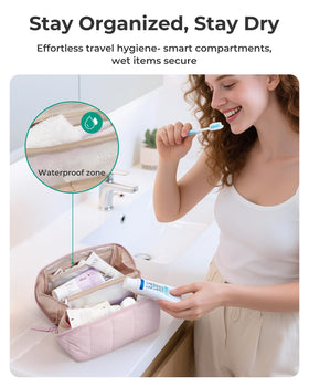 Open BAGSMART Puffy Travel Makeup Bag displaying smart storage features